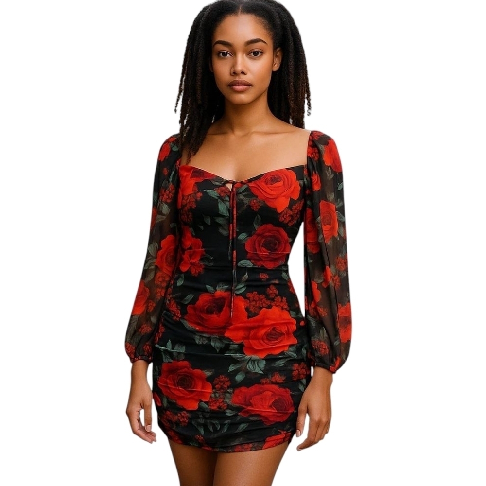 Missguided Dress Floral Ruched Cup Long Sleeve Body Con Valentine's Day